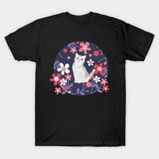 American Shorthair Cat and Flowers - Purple T-Shirt